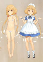 Rule 34 | 10s, 1girl, absurdres, apron, bandai namco, bare arms, bare legs, bare shoulders, barefoot, bikini, blonde hair, bobby socks, bow, closed mouth, collarbone, dress, eyebrows, feet, female focus, flat chest, full body, futaba anzu, gluteal fold, hair bobbles, hair ornament, highres, idolmaster, idolmaster cinderella girls, long twintails, looking at viewer, maid, maid headdress, mary janes, midriff, navel, ooyari ashito, open mouth, shoes, side-tie bikini bottom, smile, socks, sparkle, standing, swimsuit, twintails, white bikini, white bow, wrist cuffs