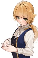 Rule 34 | 1girl, ahoge, blonde hair, blue vest, eyebrows hidden by hair, flat chest, green eyes, hair between eyes, hair tie, highres, ichi854, light blush, long hair, looking at viewer, mushoku tensei, norn greyrat, open mouth, ponytail, shirt, simple background, solo, upper body, very long hair, vest, white background, white shirt