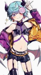 Rule 34 | 1boy, ;), arm up, bare shoulders, bat wings, belt, black nails, black shorts, black thighhighs, blue eyes, blue hair, blush, candy, closed mouth, colored inner hair, commentary request, contrapposto, cowboy shot, crop top, demon boy, demon horns, earrings, food, garter belt, halloween, halloween costume, hand on own hip, happy halloween, head tilt, heart, heart earrings, highres, holding, holding candy, holding food, holding lollipop, horns, indie virtual youtuber, jack-o&#039;-lantern, jack-o&#039;-lantern earrings, jacket, jewelry, lollipop, male focus, midriff, multicolored hair, nail polish, navel, o-ring, one eye closed, open clothes, open jacket, pink hair, pink jacket, short hair, short shorts, shorts, smile, solo, sparkle, stomach, swirl lollipop, thighhighs, trap, two-sided fabric, two-sided jacket, two-tone hair, virtual youtuber, wings, yoruhachi