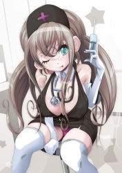 Rule 34 | 1girl, :p, aqua eyes, bad id, bad pixiv id, breasts, brown hair, cleavage, elbow gloves, gloves, large breasts, long hair, nurse, one eye closed, original, solo, syringe, thighhighs, tongue, tongue out, towashibuki, twintails, wink