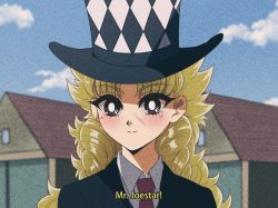 Rule 34 | 1980s (style), 1girl, blonde hair, checkered clothes, closed mouth, cloud, cloudy sky, collared shirt, curly hair, film grain, formal, genderswap, genderswap (mtf), grey eyes, highres, jojo no kimyou na bouken, light smile, long hair, necktie, oldschool, outdoors, parted bangs, portrait, ren ayume, retro artstyle, robert e. o. speedwagon, scar, scar on face, shirt, sky, solo, subtitled, suit, white shirt