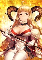 Rule 34 | 10s, 1girl, ahoge, anila (granblue fantasy), bad id, bad twitter id, blonde hair, breasts, brown eyes, cleavage, covered navel, draph, eyebrows, female focus, fur trim, gloves, granblue fantasy, horns, large breasts, long hair, mikurou (nayuta), pleated skirt, polearm, ribbon-trimmed skirt, ribbon trim, sitting, skirt, smile, solo, staff, thighhighs, weapon, white gloves, white thighhighs