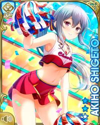 Rule 34 | 1girl, bow, breasts, card (medium), character name, cheerleader, closed mouth, confetti, day, female focus, girlfriend (kari), grey hair, hair bow, long hair, midriff, official art, outdoors, pom pom (cheerleading), qp:flapper, red bow, red shirt, red skirt, shigeto akiho, shirt, skirt, small breasts, smile, stadium, standing, tagme