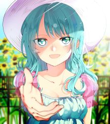 Rule 34 | 1girl, :d, bad id, bad pixiv id, blue hair, blue shirt, blurry, blurry background, blurry foreground, breasts, character request, cleavage, collarbone, flower, green eyes, hat, highres, jugemu57107754, lens flare, long hair, looking at viewer, open mouth, outstretched arm, ribbon-trimmed shirt, shirt, short sleeves, small breasts, smile, solo, sun hat, sunflower, upper body, white hat, yellow flower