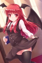 Rule 34 | 1girl, bat wings, black skirt, black thighhighs, black vest, blush, book, commentary request, dutch angle, head wings, highres, indoors, koakuma, light particles, long hair, long sleeves, looking at viewer, lzh, necktie, red eyes, red hair, red necktie, shirt, skirt, skirt hold, skirt set, smile, solo, thighhighs, touhou, vest, white shirt, wings, zettai ryouiki