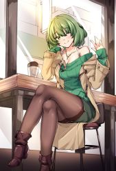 Rule 34 | 1girl, bare shoulders, black pantyhose, blush, breasts, casual, chair, coat, collarbone, commentary request, crossed legs, duffel coat, elbow rest, from below, full body, green eyes, green hair, green sweater, highres, idolmaster, idolmaster cinderella girls, indoors, looking at viewer, medium breasts, miniskirt, mole, mole under eye, off-shoulder, off-shoulder sweater, off shoulder, one eye closed, pantyhose, pencil skirt, ribbed sweater, shirokuma a, short hair, sitting, skirt, sleeves past wrists, smile, solo, sweater, table, takagaki kaede, thighband pantyhose, window