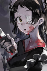 Rule 34 | 1girl, alternate costume, black hair, black lilith (last origin), blood, breasts, eyepatch, highres, holding, holding knife, idolmaster, idolmaster million live!, idolmaster million live! theater days, japanese clothes, kimono, kitazawa shiho, knife, looking at viewer, maid, open mouth, solo, toro3, wa maid, yellow eyes