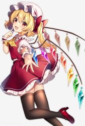 Rule 34 | 1girl, :d, black thighhighs, blonde hair, crystal, fang, flandre scarlet, grey background, high heels, highres, looking at viewer, medium hair, one side up, open mouth, rainbow order, reaching, reaching towards viewer, red eyes, red footwear, red skirt, red vest, ruhika, simple background, skirt, smile, solo, thighhighs, touhou, vest, wings, wrist cuffs