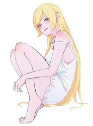 1girl 22enose22 bare_arms bare_legs bare_shoulders barefoot closed_mouth dress eyelashes fang fang_out full_body highres kiss-shot_acerola-orion_heart-under-blade kizumonogatari long_hair monogatari_(series) oshino_shinobu pink_eyes pink_lips simple_background smile solo strap_slip swept_bangs very_long_hair white_background white_dress