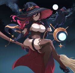 Rule 34 | + +, 1girl, absurdres, bird, bird hat, black gloves, black hat, black shrug, black skirt, bow, breasts, broom, broom riding, brown corset, brown hair, brown thighhighs, cloud, corset, crescent, crossed legs, crow, flying, full moon, gloves, gradient hair, hat, highres, large breasts, long hair, long skirt, looking at viewer, moon, multicolored hair, night, orb, partially fingerless gloves, pink hair, puffy short sleeves, puffy sleeves, red bow, red eyes, red hair, red hat, red skirt, senacolada, shirt, short sleeves, side slit, sidesaddle, sitting, skirt, smile, solo, sparkling eyes, staff, strapless, strapless shirt, streaked hair, thick thighs, thigh strap, thighhighs, thighs, two-sided fabric, two-sided skirt, v4mirai, white shirt, wind, witch, witch hat, yumi the witch