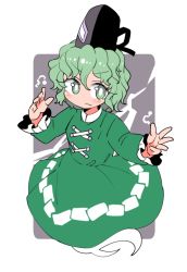 Rule 34 | 1girl, black hat, blush, closed mouth, cross-laced clothes, dress, frilled sleeves, frills, full body, ghost tail, green dress, green eyes, green hair, hair between eyes, hat, ini (inunabe00), long sleeves, ofuda, ofuda on clothes, short hair, soga no tojiko, solo, tate eboshi, touhou