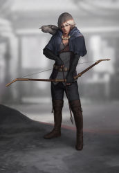 Rule 34 | 1boy, animal, animal on shoulder, arrow (projectile), bird, bird on shoulder, blue eyes, blurry, blurry background, boots, bow (weapon), brown footwear, capelet, crow, elbow gloves, eyepatch, fingerless gloves, fire emblem, fire emblem fates, full body, gloves, grey background, highres, male focus, niles (fire emblem), nintendo, open mouth, outdoors, partially colored, solo, standing, unodu, weapon, white hair