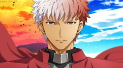 Rule 34 | 1boy, akujiki59, archer (fate), cloud, cloudy sky, dark-skinned male, dark skin, emiya shirou, expressionless, fate/stay night, fate (series), looking at viewer, male focus, official style, portrait, short hair, sky, solo, spiked hair, split theme, spoilers, sunset, transformation, white hair, wind