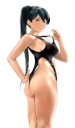 Rule 34 | 1girl, ass, bare shoulders, black hair, black one-piece swimsuit, blue eyes, breasts, highleg, highleg swimsuit, highres, houshou (kancolle), kantai collection, large breasts, long hair, looking at viewer, one-piece swimsuit, ponytail, simple background, smile, solo, swimsuit, thighs, wa (genryusui), white background