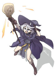 Rule 34 | 1girl, ahoge, boots, brown gloves, cloak, commentary request, full body, gloves, grey eyes, grey hair, gundam, gundam suisei no majo, hair between eyes, hat, heebee, holding, holding clothes, holding hat, holding staff, jewelry, magic, miorine rembran, necklace, open mouth, robe, shadow, solo, staff, swept bangs, twitter username, white background, wizard, wizard hat