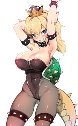 Rule 34 | 1girl, absurdres, areola slip, armlet, armpits, blonde hair, blue eyes, blush, bowsette, bracelet, breasts, bright pupils, cleavage, collar, commentary request, cowboy shot, crown, eyelashes, forked eyebrows, grey pantyhose, grin, hair between eyes, harigane shinshi, highres, jewelry, large breasts, leotard, long hair, looking at viewer, mario (series), narrow waist, nintendo, pantyhose, parted bangs, sharp teeth, skin tight, skindentation, smile, solo, spiked armlet, spiked bracelet, spiked collar, spiked shell, spikes, standing, super crown, tail, teeth, thick eyebrows, thighs, wide hips
