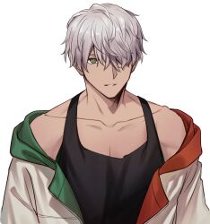 Rule 34 | 1boy, alternate hairstyle, arurandeisu, black tank top, collarbone, green eyes, grey hair, hair over one eye, highres, holostars, jacket, looking at viewer, male focus, n@o (nao), off shoulder, open clothes, open jacket, parted lips, short hair, simple background, solo, tank top, virtual youtuber, white background, white jacket