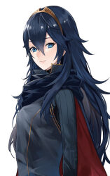 Rule 34 | 1girl, ameno (a meno0), blue cape, blue eyes, blue hair, blue sweater, cape, closed mouth, fire emblem, fire emblem awakening, hair between eyes, lips, long hair, long sleeves, looking at viewer, lucina (fire emblem), nintendo, pink lips, red cape, ribbed sweater, simple background, smile, solo, sweater, tiara, turtleneck, turtleneck sweater, two-tone cape, white background
