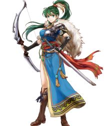 Rule 34 | 1girl, aqua eyes, armor, arrow (projectile), belt, boots, bow (weapon), breasts, brown footwear, cape, closed mouth, earrings, elbow gloves, feathers, female focus, fingerless gloves, fire emblem, fire emblem: the blazing blade, fire emblem heroes, full body, fur trim, gloves, green eyes, green hair, hair ornament, high ponytail, highres, holding, holding bow (weapon), holding weapon, jewelry, knee boots, long hair, looking at viewer, lyn (fire emblem), matching hair/eyes, medium breasts, nintendo, non-web source, official art, ponytail, quiver, sheath, sheathed, short sleeves, side slit, smile, solo, standing, sword, transparent background, wada sachiko, weapon