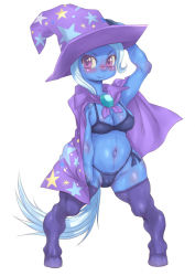 Rule 34 | 1girl, bikini, blue hair, blush, breasts, cape, cleavage, furry, furry female, hat, hoihoi, long hair, my little pony, my little pony: friendship is magic, purple eyes, solo, swimsuit, thighhighs, trixie lulamoon, white background, wizard hat