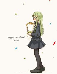 Rule 34 | 10s, 1girl, 2016, black pantyhose, black serafuku, black skirt, blush, bouquet, commentary request, confetti, crescent, crescent hair ornament, dated, english text, flower, from side, full body, green eyes, green hair, hair ornament, holding, holding bouquet, kantai collection, long hair, long sleeves, matching hair/eyes, nagatsuki (kancolle), pantyhose, school uniform, serafuku, skirt, solo, standing, usui harusame, white background