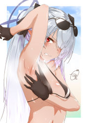 Rule 34 | 1girl, absurdres, arm up, armpits, artist name, bikini, black bikini, black gloves, blue archive, breasts, dark-skinned female, dark skin, gloves, hair over one eye, halo, highres, iori (blue archive), iori (swimsuit) (blue archive), looking at viewer, myon2, official alternate costume, pointy ears, presenting armpit, red eyes, signature, silver hair, small breasts, solo, spread armpit, swimsuit, twintails
