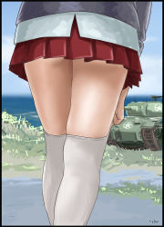 Rule 34 | 10s, 1girl, adjusting clothes, adjusting legwear, border, close-up, cyber (cyber knight), day, female focus, from behind, girls und panzer, head out of frame, insignia, kay (girls und panzer), legs, lower body, m24 chaffee, military, military vehicle, motor vehicle, ocean, over-kneehighs, pleated skirt, signature, skirt, sky, solo, tank, thighhighs, vehicle, waist down, white thighhighs, zettai ryouiki
