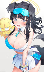 Rule 34 | 1girl, absurdres, animal ears, bare arms, bare shoulders, black hair, blue archive, blue eyes, blue skirt, blunt bangs, blush, breasts, cheerleader, cleavage, collar, crop top, detached collar, dog ears, dog girl, dog tail, facial mark, goggles, goggles on head, halo, hibiki (blue archive), hibiki (cheer squad) (blue archive), highres, holding, holding pom poms, large breasts, long hair, looking at viewer, millennium cheerleader outfit (blue archive), miniskirt, official alternate costume, open mouth, pleated skirt, pom pom (cheerleading), pom poms, skirt, skirt tug, solo, star (symbol), star facial mark, tail, towrituka, white background, white collar, white skirt, yellow halo