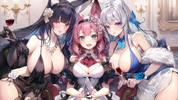 Rule 34 | 3girls, animal ear fluff, animal ears, azur lane, bare shoulders, black dress, black gloves, black hair, black hairband, breasts, commentary, cup, dress, drinking glass, elbow gloves, feather boa, flower, fox ears, fox girl, fox tail, gift, glass, gloves, green eyes, grey hair, hair flower, hair ornament, hairband, half gloves, halter dress, halterneck, hanazuki (azur lane), holding, holding gift, indoors, jewelry, large breasts, leaning to the side, long hair, looking at viewer, multiple girls, musashi (azur lane), necklace, open mouth, pink hair, pinwheel hair ornament, purple hair, rose, shinano (azur lane), shirokitsune, sitting, smile, steepled fingers, symbol-only commentary, tail, white flower, white gloves, white rose, wine glass, yellow eyes