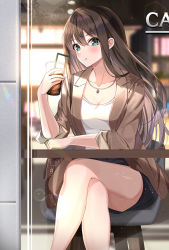 Rule 34 | 1girl, aqua eyes, black shorts, blush, breasts, brown hair, brown jacket, chair, collarbone, commentary request, crossed legs, cup, disposable cup, drinking straw, fingernails, hand on table, hand up, highres, holding, holding cup, iced tea, idolmaster, idolmaster cinderella girls, jacket, jewelry, legs, long hair, long sleeves, looking at viewer, medium breasts, open clothes, open jacket, pendant, shibuya rin, shirt, shorts, sitting, skirt, sleeves pushed up, solo, sutoroa, table, white shirt