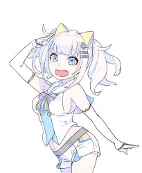 Rule 34 | 1girl, :d, absurdres, animal ears, arm up, bare shoulders, black bow, black bowtie, blue eyes, bow, bowtie, breasts, cat ears, contrapposto, detached sleeves, enkyo yuuichirou, eyeshadow, fang, hair ornament, hairclip, highres, kaguya luna, large breasts, looking at viewer, makeup, multicolored eyes, navel, open mouth, pink eyes, pink hair, sailor collar, salute, school uniform, serafuku, shirt, short hair, short shorts, shorts, sleeveless, sleeveless shirt, smile, solo, standing, the moon studio, twintails, virtual youtuber, white sailor collar, white shirt