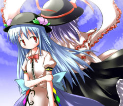 Rule 34 | 2girls, back-to-back, baerun, blue sky, bow, bowtie, day, female focus, hat, hinanawi tenshi, long hair, looking at viewer, multiple girls, nagae iku, purple hair, rainbow, red bow, red bowtie, red eyes, shawl, sky, touhou, very long hair, wind