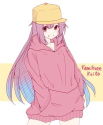 Rule 34 | 1girl, adapted costume, baseball cap, brown eyes, cowboy shot, dress, gradient hair, grin, hands in pockets, hat, hood, hooded dress, hooded sweater, kamikaze (kancolle), kantai collection, koito (shi marl marl), long hair, multicolored hair, one-hour drawing challenge, purple hair, red dress, red sweater, smile, solo, sweater, sweater dress, yellow hat