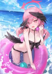 Rule 34 | 1girl, absurdres, bikini, black bikini, black bow, black wings, blue archive, blush, bow, breasts, cleavage, cloud, collarbone, day, feathered wings, floral print, front-tie bikini top, front-tie top, hair between eyes, hair bow, halo, hansum, head wings, highres, koharu (blue archive), koharu (swimsuit) (blue archive), long hair, looking at viewer, low twintails, low wings, ocean, official alternate costume, open mouth, outdoors, pink eyes, pink hair, pink halo, pink innertube, print bikini, sky, small breasts, solo, swimsuit, twintails, wading, water, wings