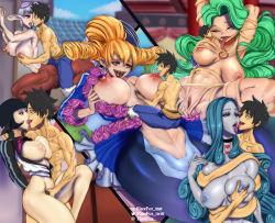 Rule 34 | 1boy, 5girls, absurdres, black hair, blonde hair, blue hair, blue skin, boa sandersonia, breasts, breasts out, centaur, charlotte amande, charlotte praline, colored skin, completely nude, fantasy, flarefox, forked tongue, giant, giantess, grabbing, grabbing another&#039;s breast, green hair, height difference, highres, huge breasts, inverted nipples, kiss, large breasts, mermaid, monkey d. luffy, monster girl, multiple girls, neck tattoo, nipple stimulation, nipple tweak, nipples, nude, one piece, original, pussy, shakuyaku (one piece), shibari, speed (one piece), tall female, tattoo, taur, tongue, tongue out