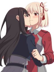Rule 34 | 2girls, artist name, belt, black hair, blonde hair, blue belt, blue dress, blue ribbon, blush, closed eyes, closed mouth, collared shirt, commentary, dress, english commentary, floating hair, hair ribbon, highres, hug, imminent kiss, inoue takina, jewelry, kuromahikaren, long hair, long sleeves, lycoris recoil, multiple girls, neck ribbon, nishikigi chisato, one side up, parted lips, red belt, red dress, red eyes, red ribbon, ribbon, ring, shirt, short hair, sidelocks, simple background, two-tone dress, wedding ring, white background, white shirt, wife and wife, yuri