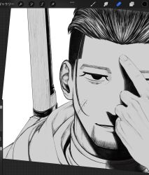 Rule 34 | 1boy, commentary request, dutch angle, facial hair, facial scar, goatee stubble, golden kamuy, greyscale, hair slicked back, hair strand, highres, jitome, light smile, male focus, monochrome, ogata hyakunosuke, pointing, pointing at self, portrait, scar, scar on cheek, scar on face, short hair, sideburns, solo, stubble, tonta (tonta1231), undercut