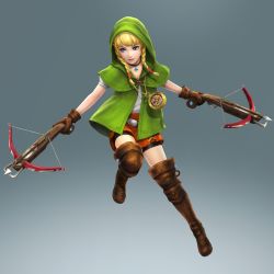 Rule 34 | 1girl, 3d, absurdres, bike shorts, blonde hair, blue eyes, boots, bow (weapon), braid, brown footwear, brown thighhighs, capelet, choker, compass, crossbow, dual wielding, gloves, highres, holding, hood, hyrule warriors, jewelry, leather, leather boots, leather gloves, linkle, long hair, necklace, nintendo, official art, pointy ears, shorts, shorts under skirt, sidelocks, solo, the legend of zelda, thigh boots, thighhighs, twin braids, weapon