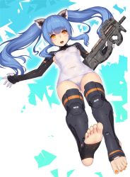 Rule 34 | 1girl, armor, armpits, assault rifle, barefoot, black armor, black gloves, black thighhighs, blue hair, blush, bullpup, covered navel, d:, eyebrows, feet, floating hair, from below, full body, gloves, gun, hair ornament, holding, holding gun, holding weapon, leg armor, long hair, looking at viewer, nail polish, nidy, one-piece swimsuit, open mouth, orange eyes, orange nails, original, outstretched arm, p90, personal defense weapon, rifle, school swimsuit, shiny clothes, shoulder armor, skin tight, soles, solo, submachine gun, swimsuit, teeth, thighhighs, toeless legwear, toenail polish, toenails, toes, turtleneck, twintails, weapon, white background, white one-piece swimsuit, white school swimsuit