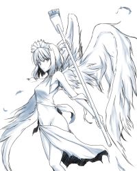 Rule 34 | 1girl, angel wings, breasts, broom, cross, cross necklace, dutch angle, feathers, groin, highres, hip focus, hisui (tsukihime), jewelry, looking at viewer, maid headdress, mako (atomic goddess), midriff, navel, necklace, short hair, small breasts, solo, thighs, tsukihime, white background, wings