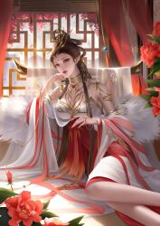 Rule 34 | 1girl, absurdres, artist request, bare legs, brown hair, cai lin (doupo cangqiong), curtains, doupo cangqiong, dress, flower, fur trim, hair ornament, hair rings, hand on own chin, highres, jewelry, long hair, lying, pointy ears, red eyes, red flower, second-party source, solo, white dress, window