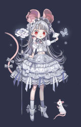 Rule 34 | 1girl, animal, animal ears, black background, bow, bug, butterfly, dress, flower, frilled dress, frilled skirt, frills, full body, gloves, grey bow, grey footwear, grey gloves, grey skirt, grey socks, hand up, highres, holding, holding flower, insect, juliet sleeves, long hair, long sleeves, looking at viewer, midriff, mouse ears, mouse girl, mouse tail, original, puffy sleeves, red eyes, shirosaki london, shoes, simple background, skirt, socks, solo, standing, tail, tail bow, tail ornament, white flower, white hair