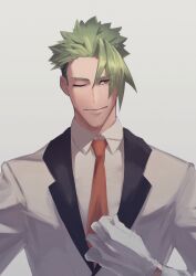 Rule 34 | 1boy, absurdres, achilles (fate), alternate costume, brown eyes, closed mouth, collared shirt, fate (series), gloves, green hair, haruakira, highres, jacket, male focus, mature male, necktie, one eye closed, red necktie, shirt, short hair, smile, solo, straight-on, suit jacket, undercut, upper body, white gloves, white jacket, white shirt