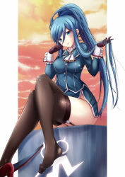 Rule 34 | 1girl, aoki hagane no arpeggio, black thighhighs, blue eyes, blue hair, breasts, cloud, cosplay, crossed legs, gairou (takakuan), garter straps, gloves, highres, impossible clothes, impossible shirt, kantai collection, large breasts, legs, long hair, long legs, matching hair/eyes, military, military uniform, mole, mole under mouth, name connection, ponytail, shirt, shoes, single shoe, sky, solo, sunset, takao (aoki hagane no arpeggio), takao (kancolle), takao (kancolle) (cosplay), thighhighs, thighs, uniform