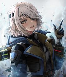 Rule 34 | 1girl, animification, apex legends, black gloves, black sweater, blue jacket, blush, breasts, collared shirt, deep current wattson, electricity, eyepatch, gloves, hair behind ear, head tilt, highres, jacket, medium breasts, open mouth, pointing, pointing up, shirt, short hair, smile, solo, suoniko, sweater, wattson (apex legends), white shirt, yellow eyes
