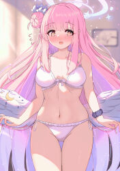 Rule 34 | 1girl, absurdres, angel wings, bare shoulders, bikini, blue archive, blurry, blurry background, blush, bow, bow bikini, breasts, breasts apart, collarbone, crescent, feathered wings, flower, flying sweatdrops, frilled bikini, frilled ribbon, frills, gluteal fold, gradient hair, groin, hair bun, hair flower, hair ornament, hair ribbon, halo, highres, indoors, large breasts, linea alba, long hair, looking at viewer, low wings, mika (blue archive), multicolored hair, navel, open mouth, picture frame, pink hair, pink halo, pulled by self, purple flower, purple scrunchie, ribbon, scrunchie, side-tie bikini bottom, single side bun, smile, solo, stomach, swimsuit, thigh gap, thighs, torabera, undressing, white bikini, white bow, white ribbon, white wings, wings, wrist scrunchie, yellow eyes