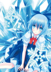 Rule 34 | 1girl, blue eyes, blue hair, bow, cirno, hair bow, ice, ice wings, matching hair/eyes, mitsuki yuu, open mouth, snowflakes, solo, touhou, wings