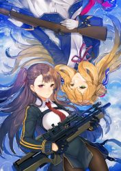 Rule 34 | 2girls, black gloves, blonde hair, blue jacket, blue sky, blush, bolt action, braid, breasts, brown hair, brown legwear, bullpup, closed mouth, cloud, collared shirt, commentary request, day, girls&#039; frontline, gloves, green eyes, gun, hair spread out, half gloves, highres, holding, holding gun, holding weapon, jacket, large breasts, long hair, long sleeves, looking at viewer, lying, m1903 springfield, multiple girls, neck ribbon, necktie, one side up, open clothes, open jacket, outdoors, pantyhose, pelvic curtain, red eyes, red ribbon, reflection, ribbon, rifle, shirt, sibyl, skirt, sky, smile, springfield (girls&#039; frontline), wa2000 (girls&#039; frontline), weapon, weapon request, white gloves, white ribbon, white shirt, white skirt, wing collar