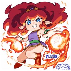 Rule 34 | 1girl, armpits, bangle, bare shoulders, belt, blue eyes, blush, boots, bracelet, breasts, casting spell, china dress, chinese clothes, choker, dress, fairy, fangs, fiery hair, fire, flaming hand, flare (panel de pon), floating, foreshortening, from side, full body, furrowed brow, gold trim, green belt, green bracelet, grin, hair between eyes, highres, jewelry, long hair, looking at viewer, magic, nail polish, neck ring, necklace, omaru gyuunyuu, outstretched arm, outstretched hand, panel de pon, pointy ears, pyrokinesis, red footwear, red hair, short dress, sidelocks, simple background, skirt, sleeveless, sleeveless dress, small breasts, smile, solo, tiara, tsurime, v-neck, v-shaped eyebrows, white background, yellow neckwear