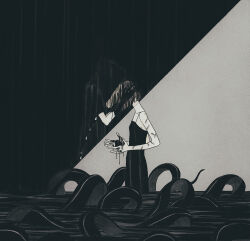 Rule 34 | 1girl, 1other, black dress, bob cut, cochlea1313, dress, greyscale, hair over face, horror (theme), limited palette, monochrome, original, short hair, surreal, tentacles, water